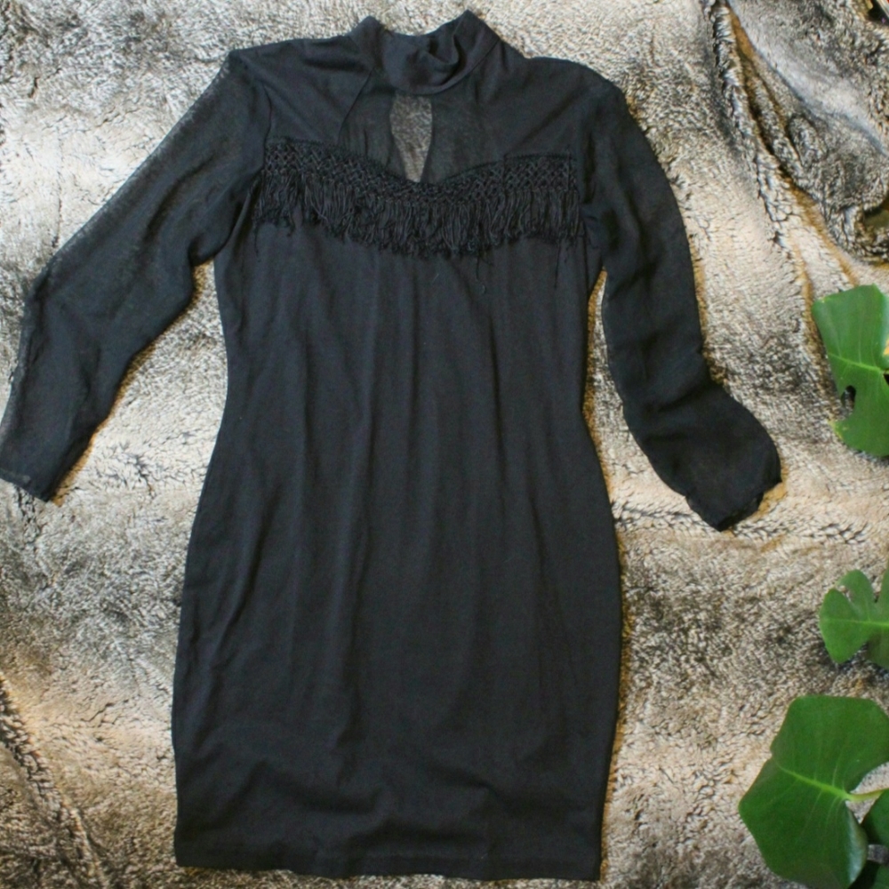 Vintage Black Western Fringe Dress w/ sheer Sleeve